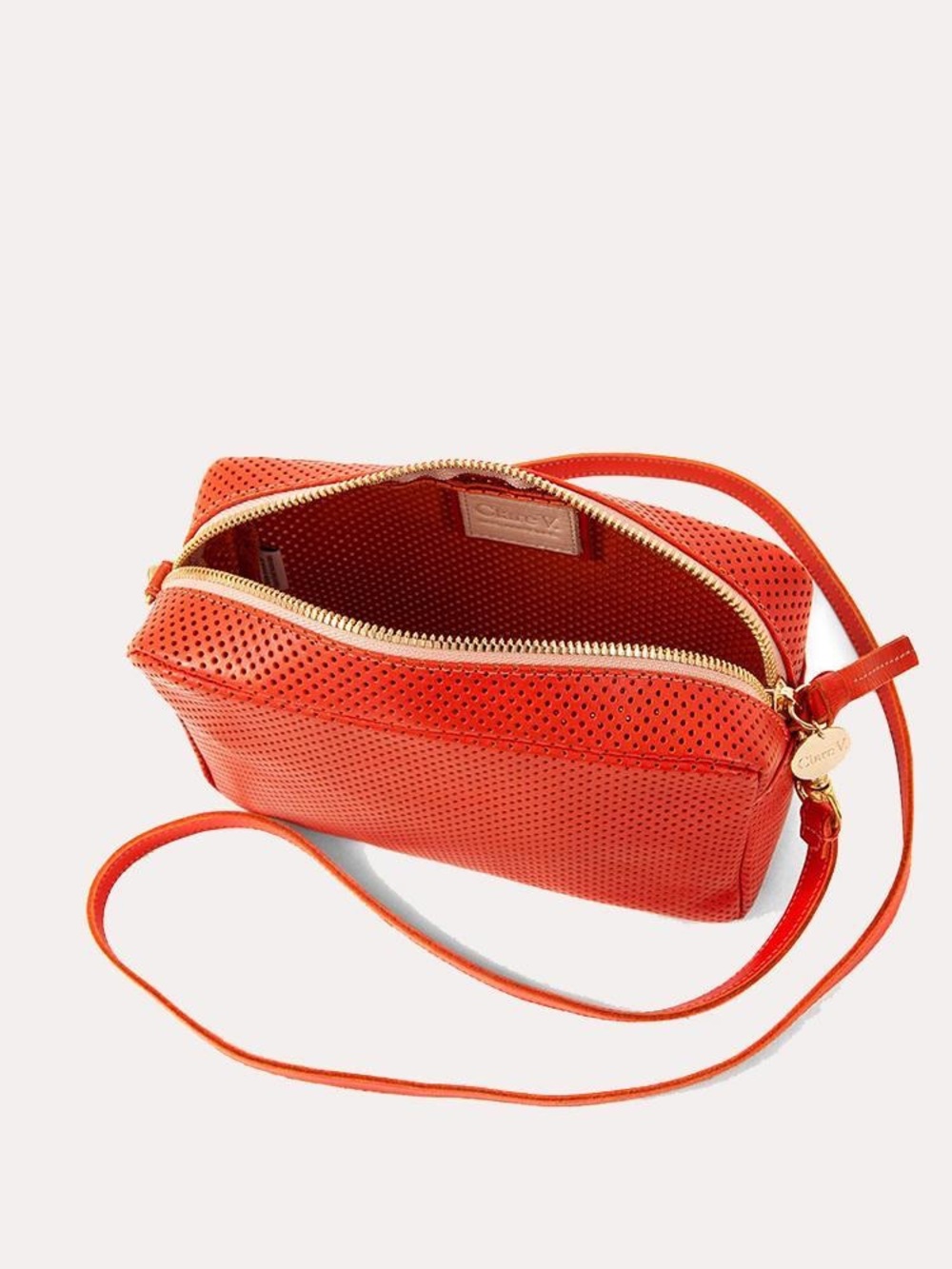 Clare V. Marisol Perforated Red Crossbody Bag with front pocket